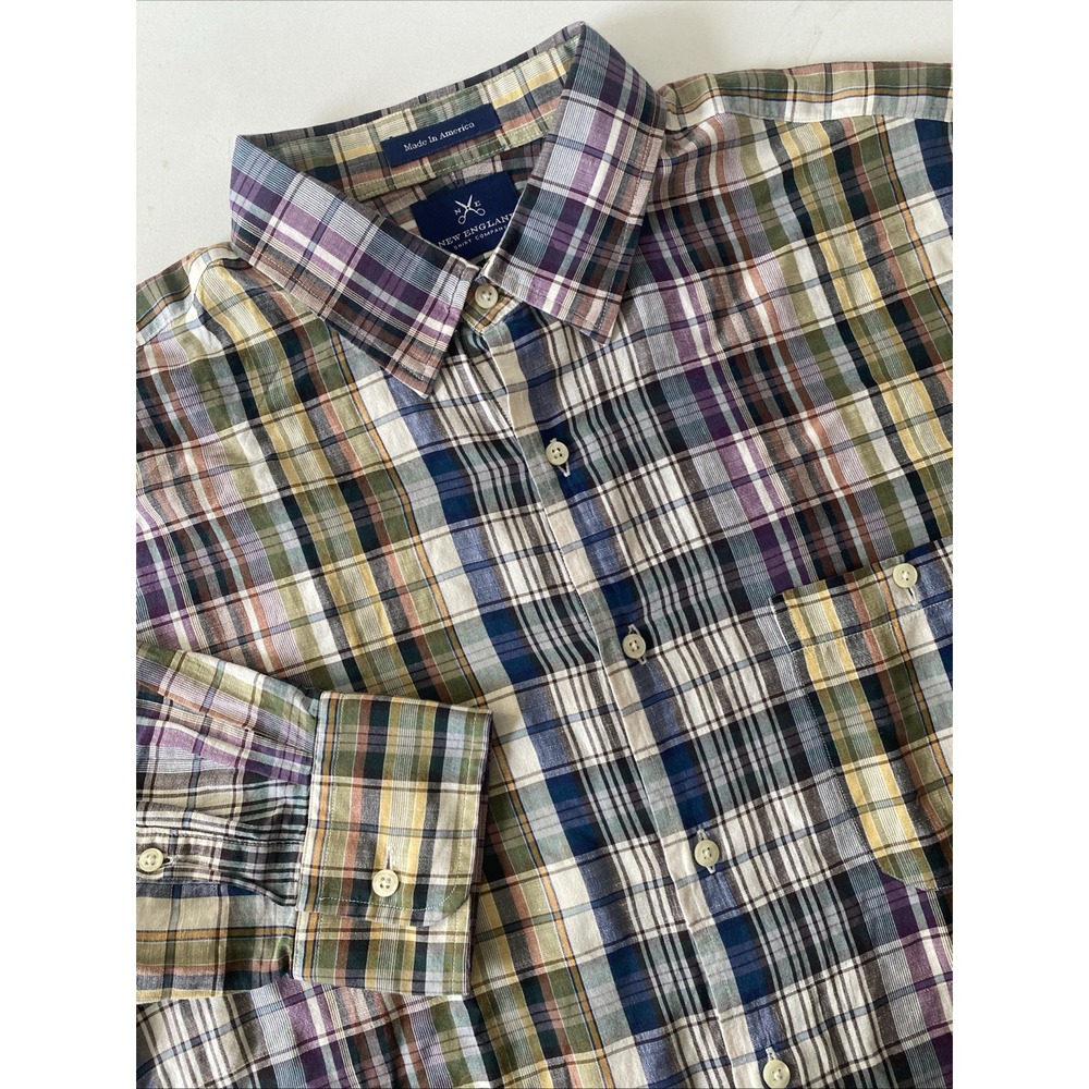 New England Shirt Company 100% Cotton Button Down Shirt Large Madras Plaid USA